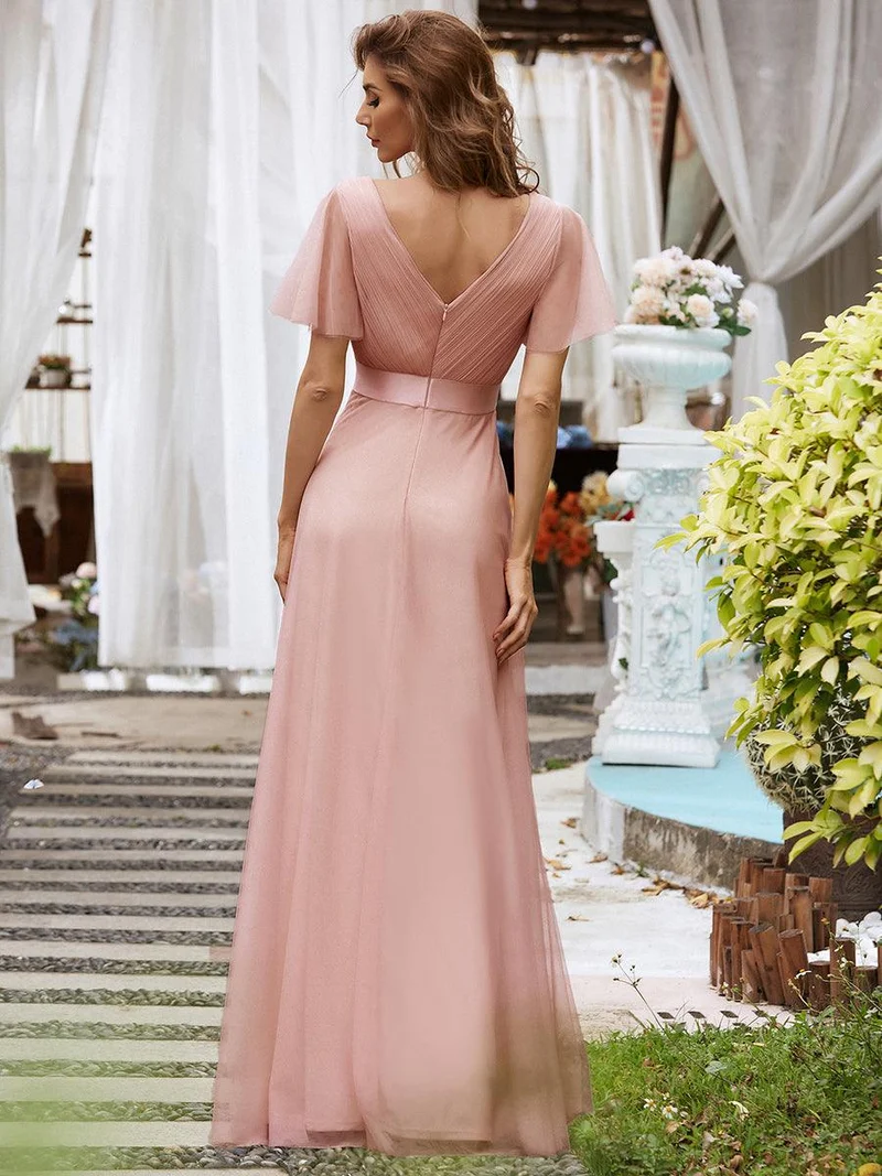 ever MISTE|Robe mariage invitée à manches courtes et à double col V pour femmes