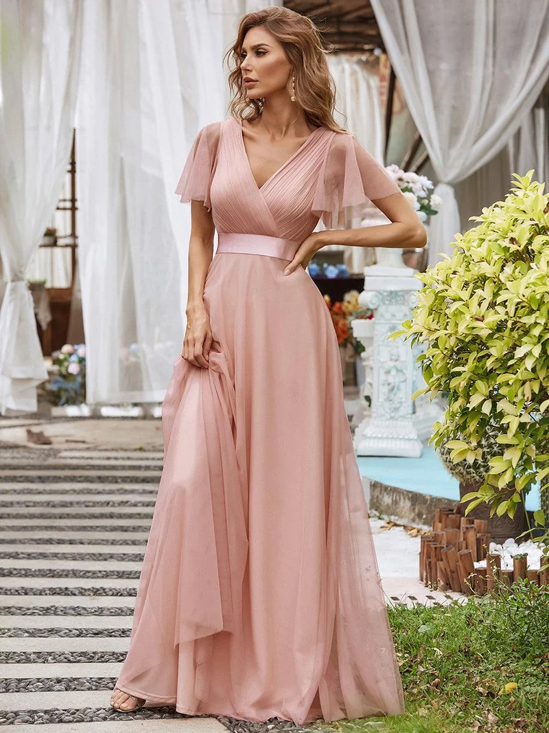 ever MISTE|Robe mariage invitée à manches courtes et à double col V pour femmes