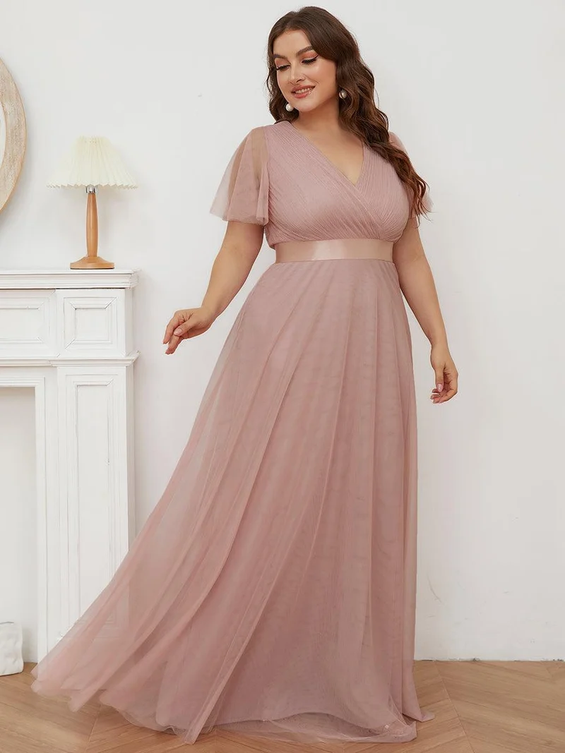 ever MISTE|Robe mariage invitée à manches courtes et à double col V pour femmes