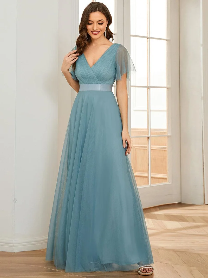 ever MISTE|Robe mariage invitée à manches courtes et à double col V pour femmes