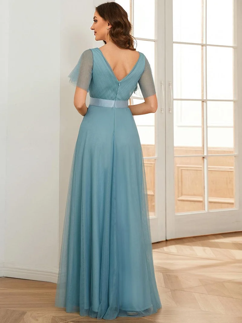ever MISTE|Robe mariage invitée à manches courtes et à double col V pour femmes