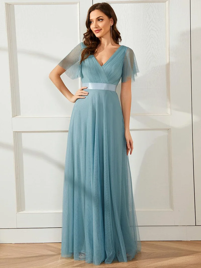 ever MISTE|Robe mariage invitée à manches courtes et à double col V pour femmes
