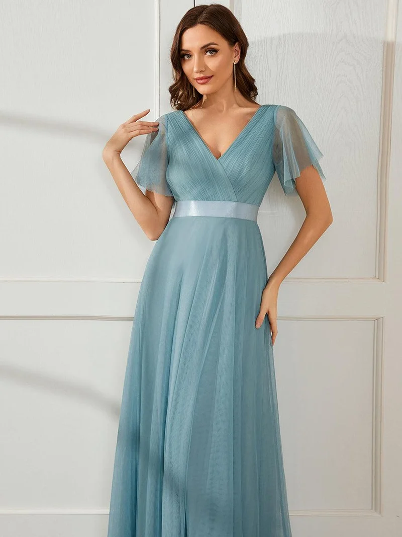 ever MISTE|Robe mariage invitée à manches courtes et à double col V pour femmes