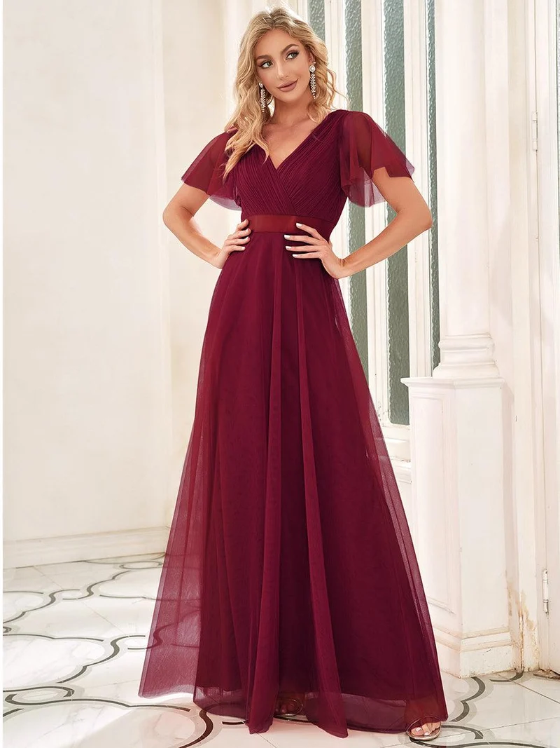 ever MISTE|Robe mariage invitée à manches courtes et à double col V pour femmes