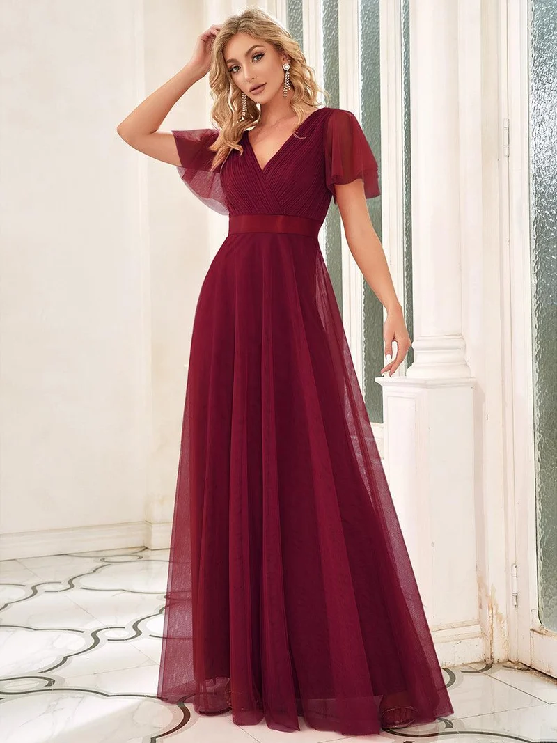 ever MISTE|Robe mariage invitée à manches courtes et à double col V pour femmes
