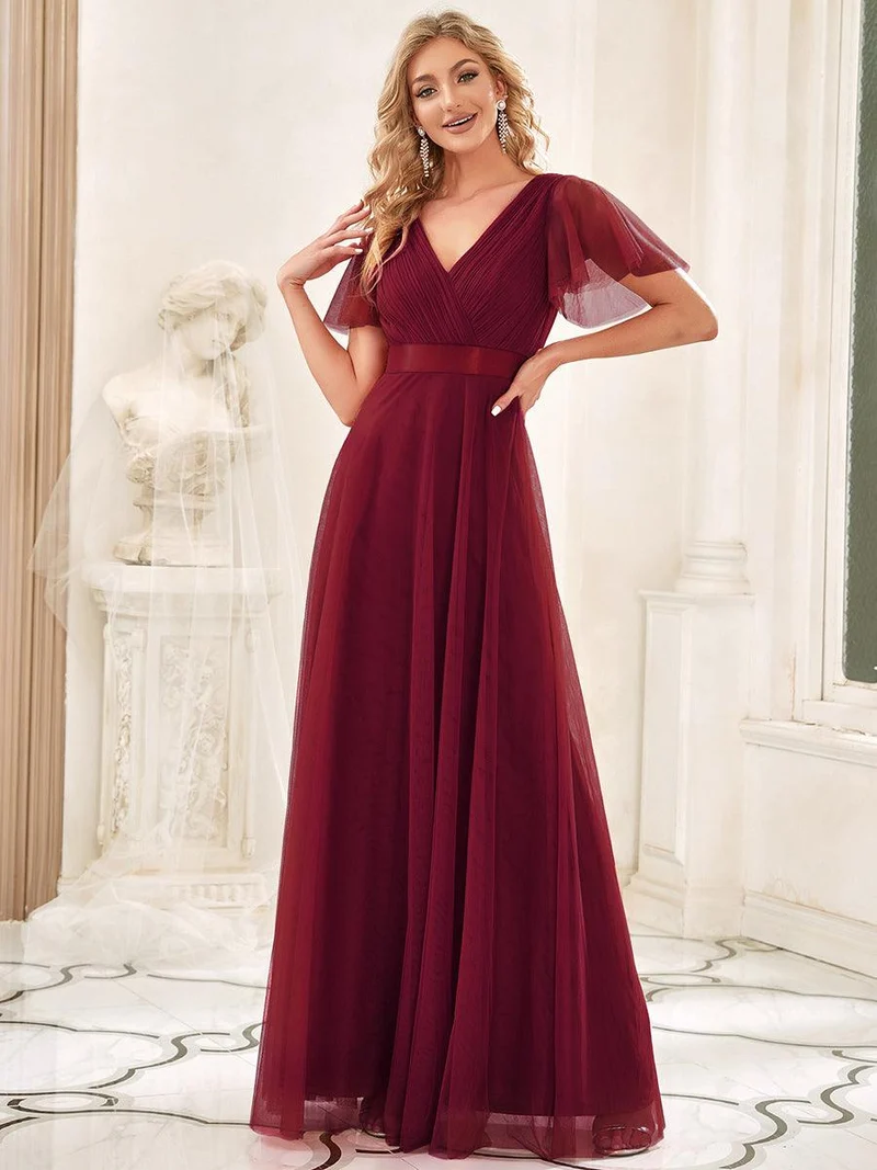 ever MISTE|Robe mariage invitée à manches courtes et à double col V pour femmes