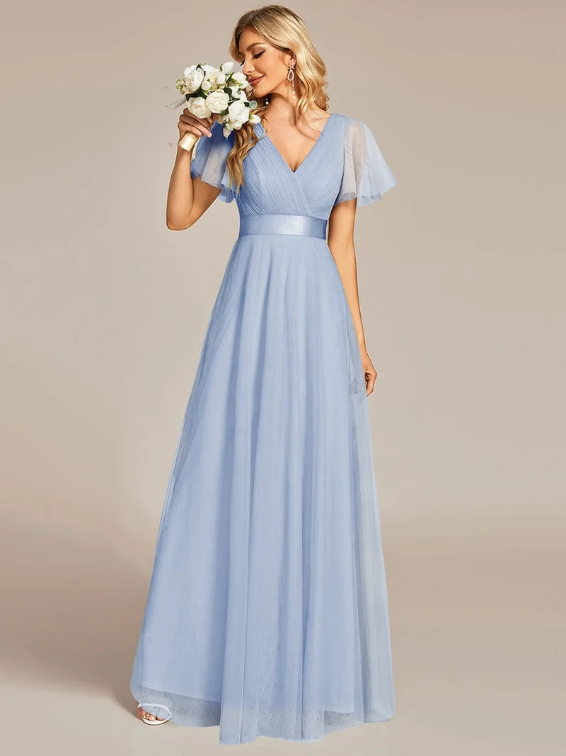 ever MISTE|Robe mariage invitée à manches courtes et à double col V pour femmes