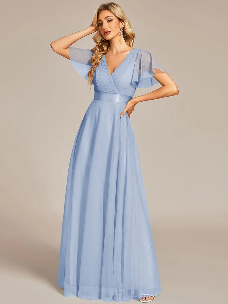 ever MISTE|Robe mariage invitée à manches courtes et à double col V pour femmes