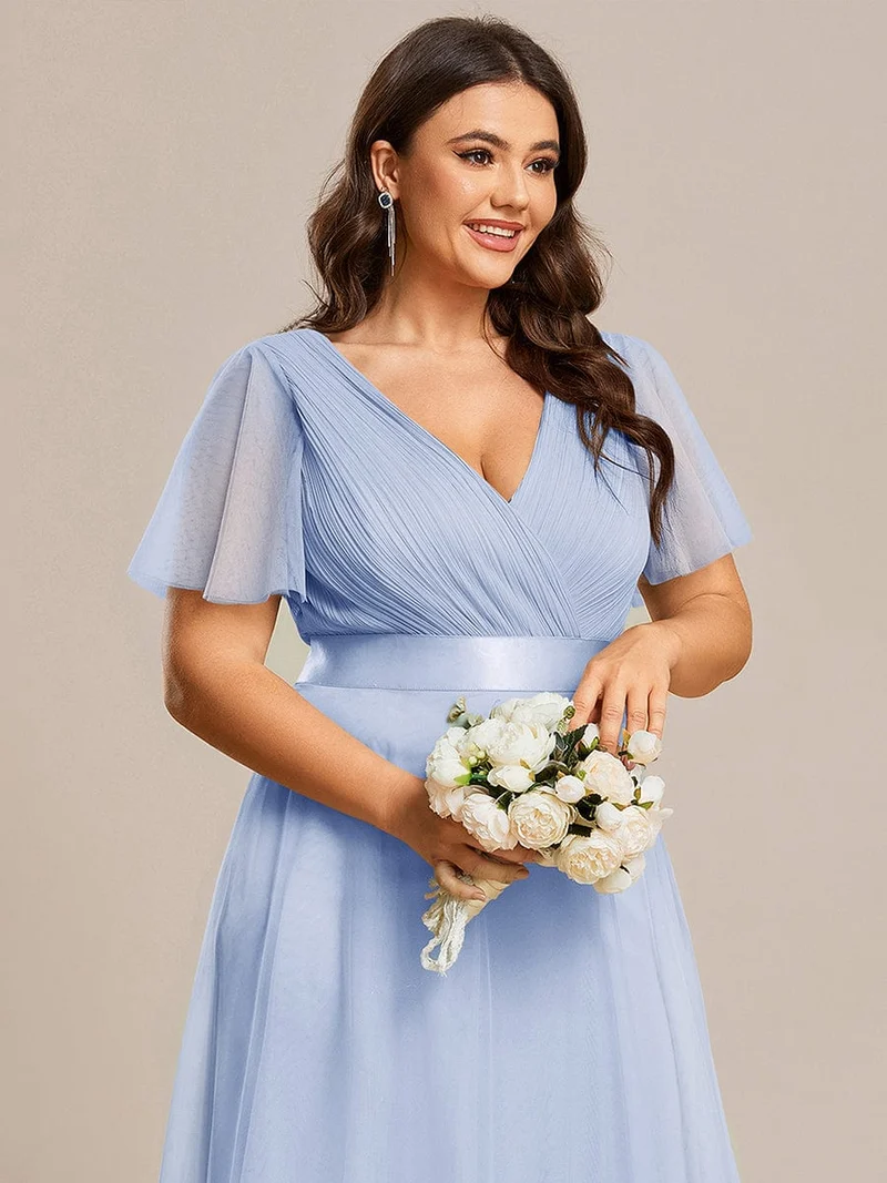 ever MISTE|Robe mariage invitée à manches courtes et à double col V pour femmes