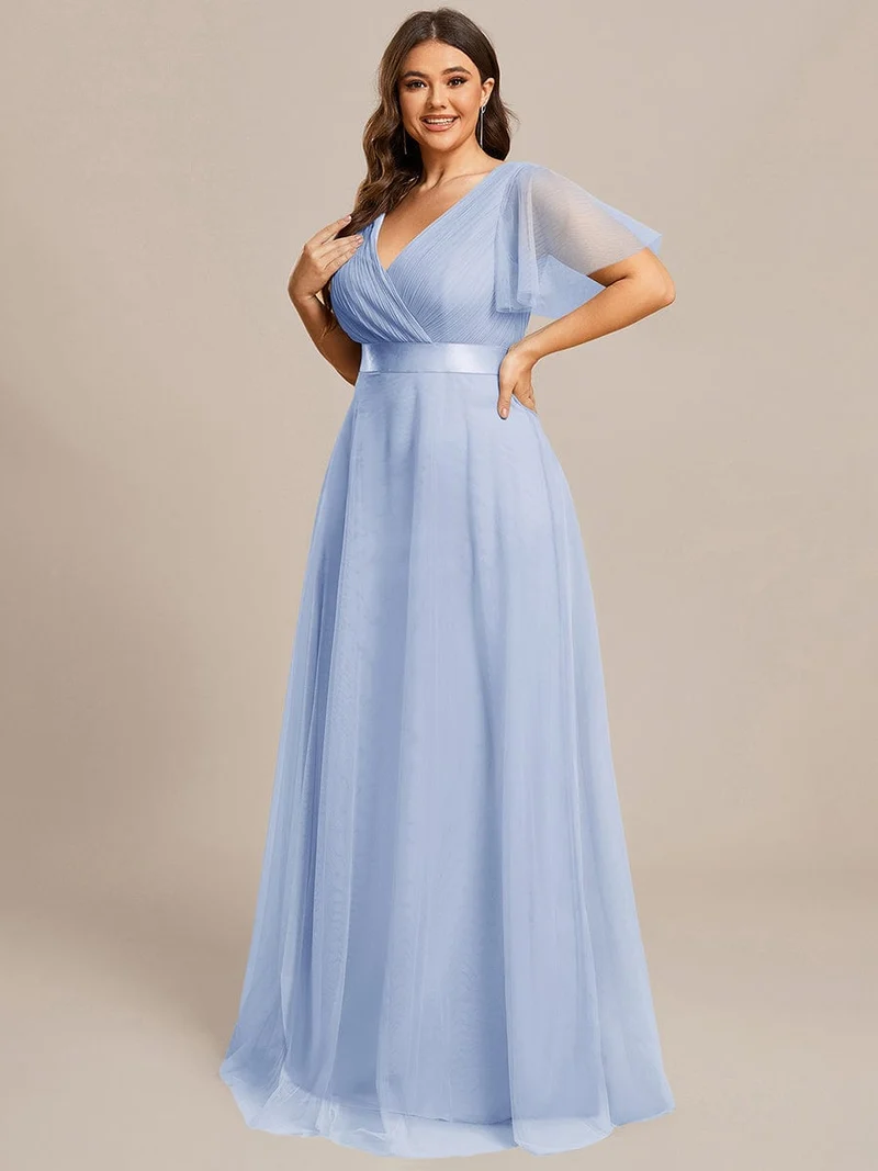 ever MISTE|Robe mariage invitée à manches courtes et à double col V pour femmes