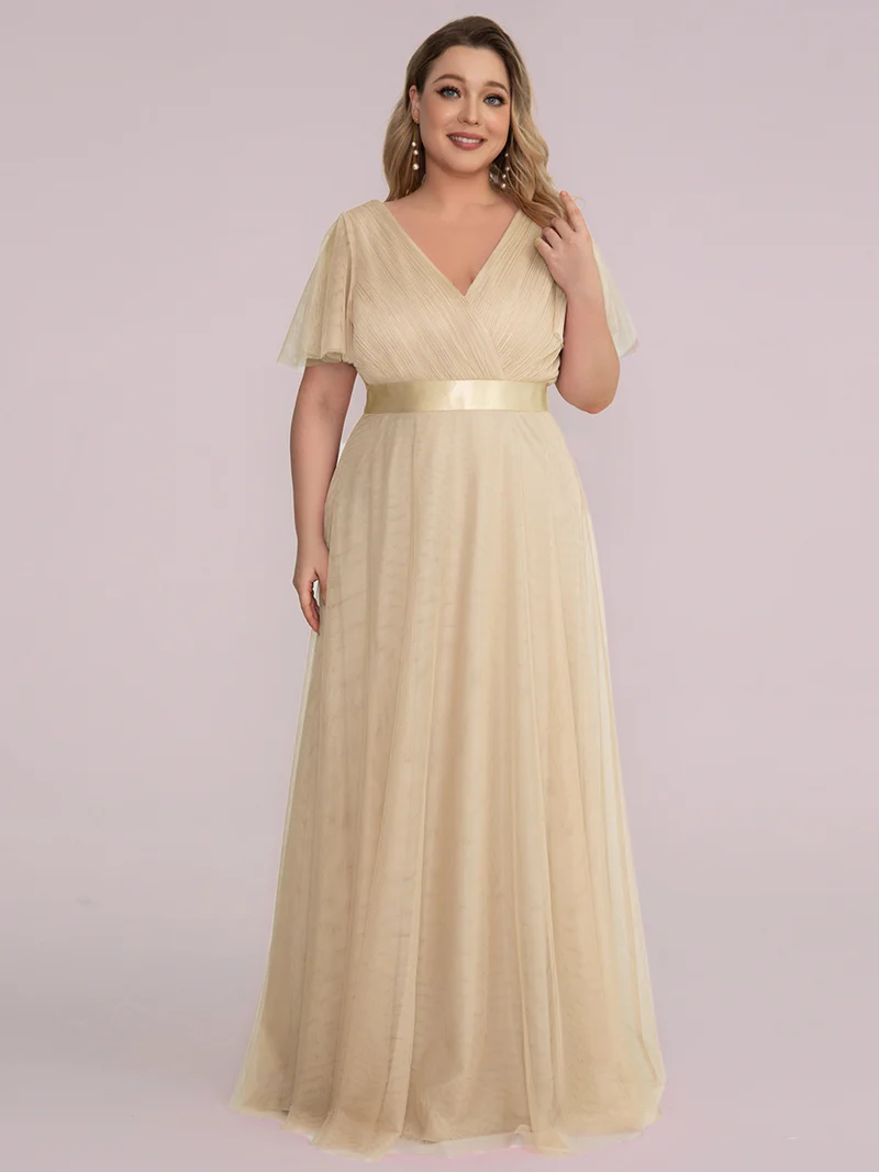 ever MISTE|Robe mariage invitée à manches courtes et à double col V pour femmes