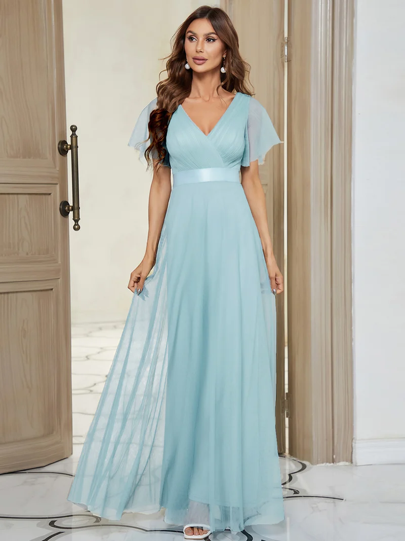 ever MISTE|Robe mariage invitée à manches courtes et à double col V pour femmes