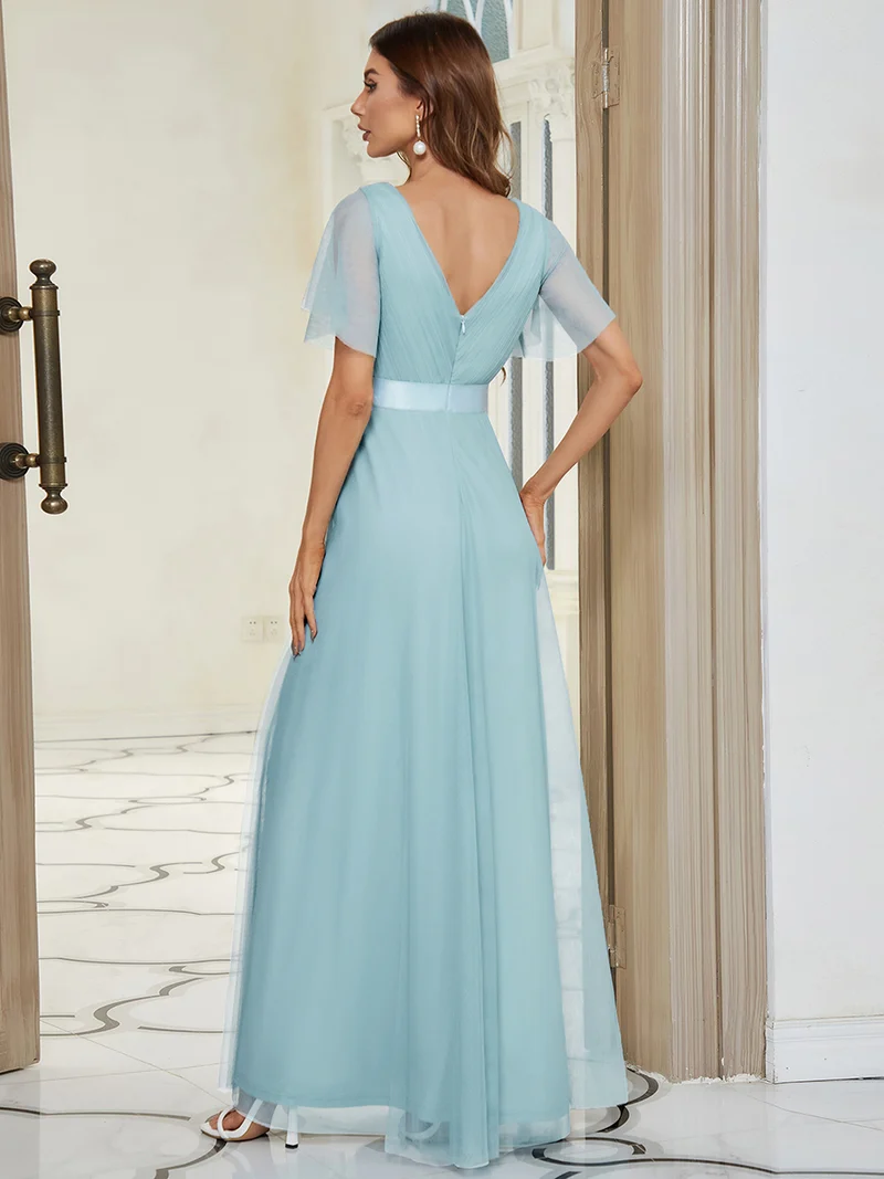 ever MISTE|Robe mariage invitée à manches courtes et à double col V pour femmes
