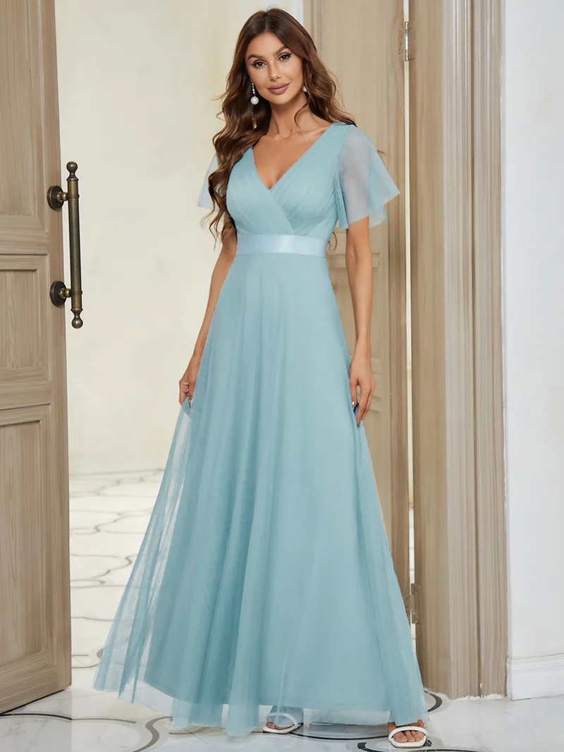 ever MISTE|Robe mariage invitée à manches courtes et à double col V pour femmes