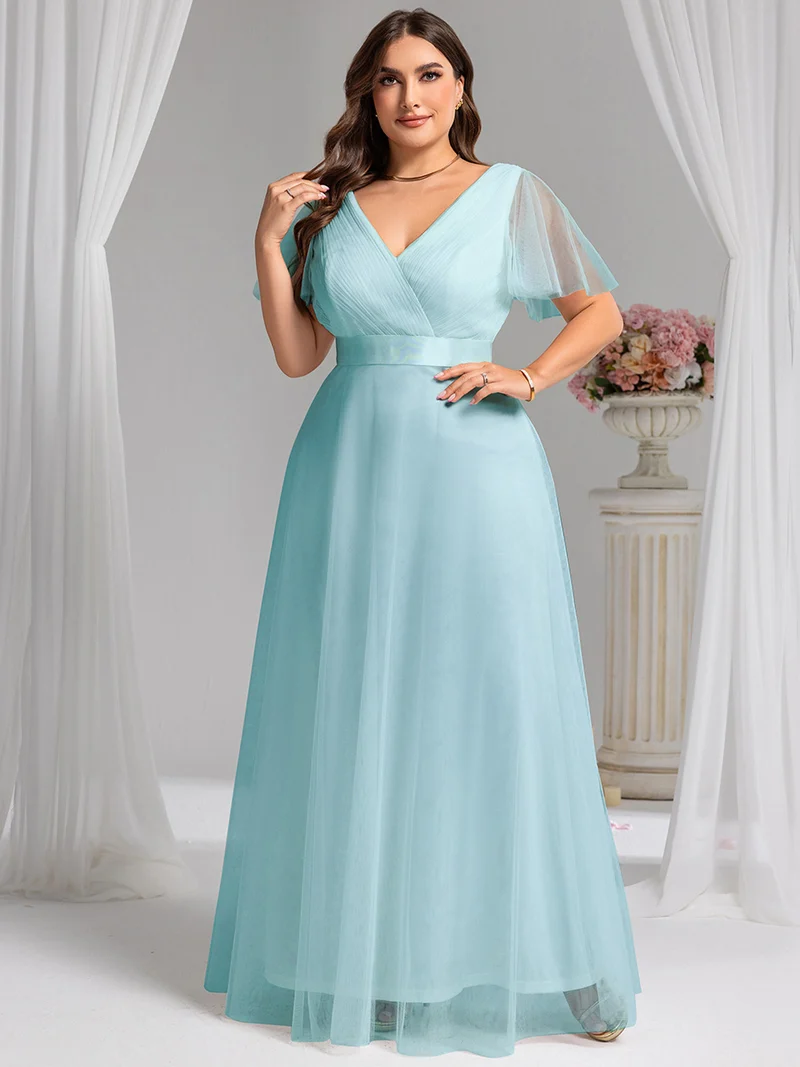 ever MISTE|Robe mariage invitée à manches courtes et à double col V pour femmes