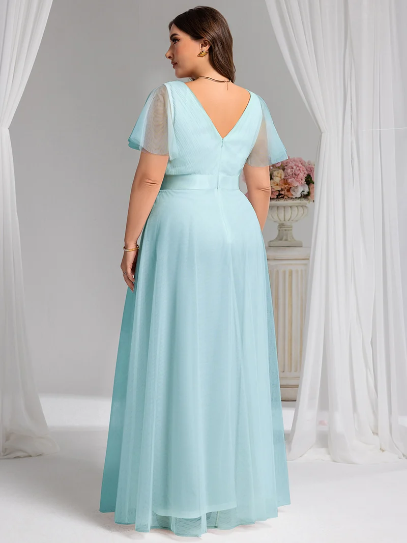ever MISTE|Robe mariage invitée à manches courtes et à double col V pour femmes