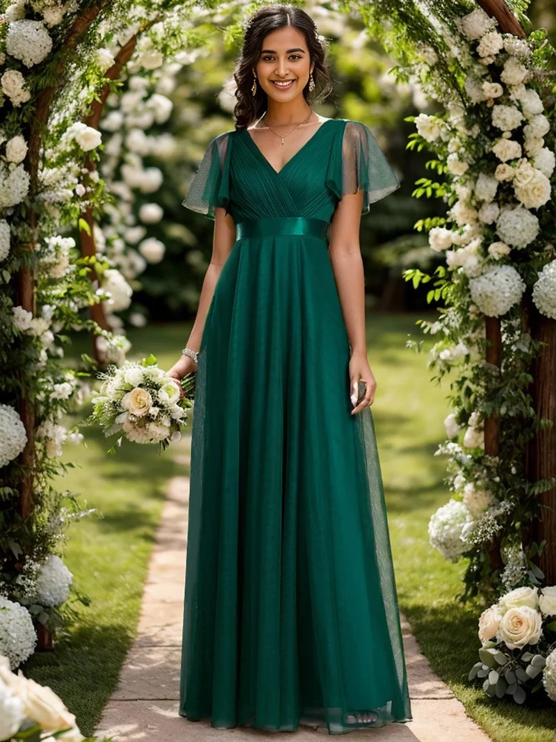 ever MISTE|Robe de soirée à manches courtes et à double col V pour femmes