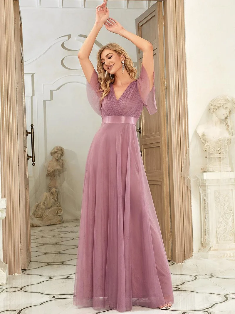 ever MISTE|Robe de soirée à manches courtes et à double col V pour femmes