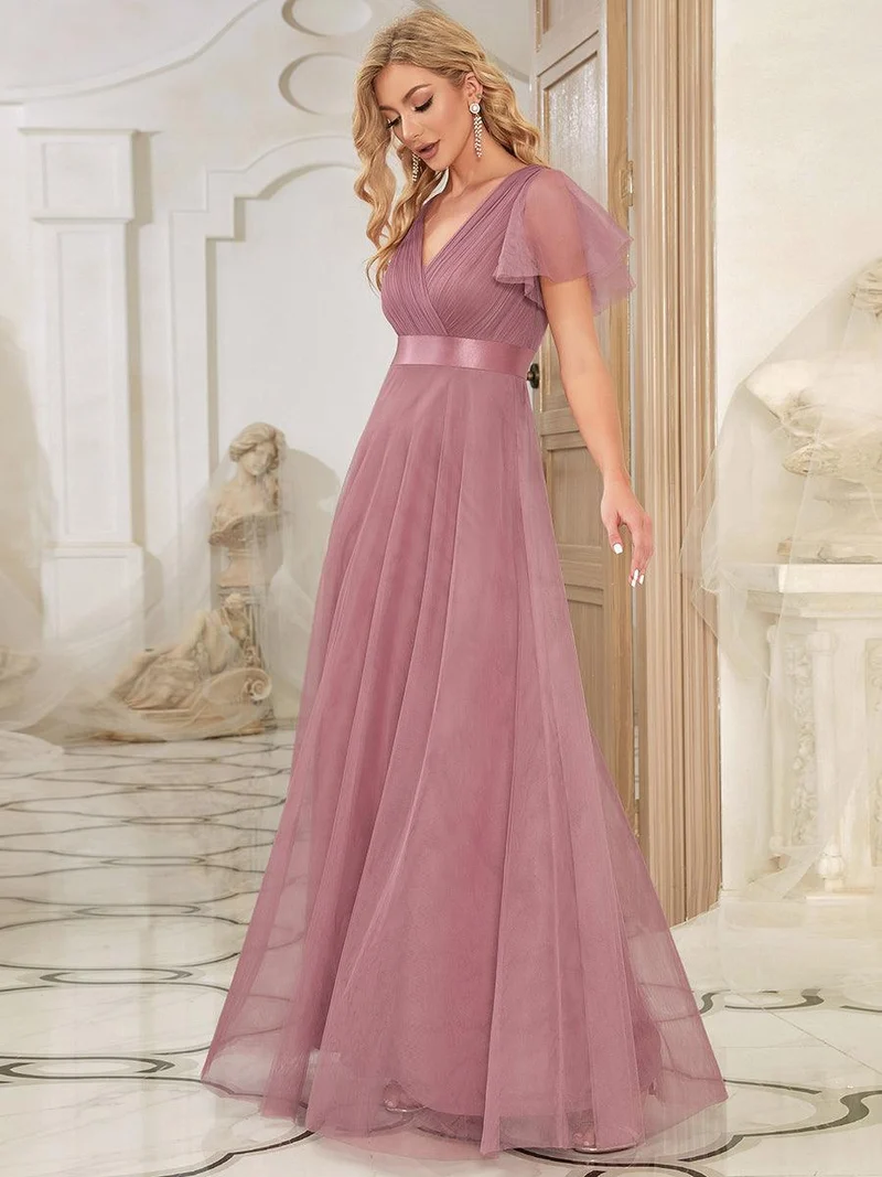 ever MISTE|Robe de soirée à manches courtes et à double col V pour femmes