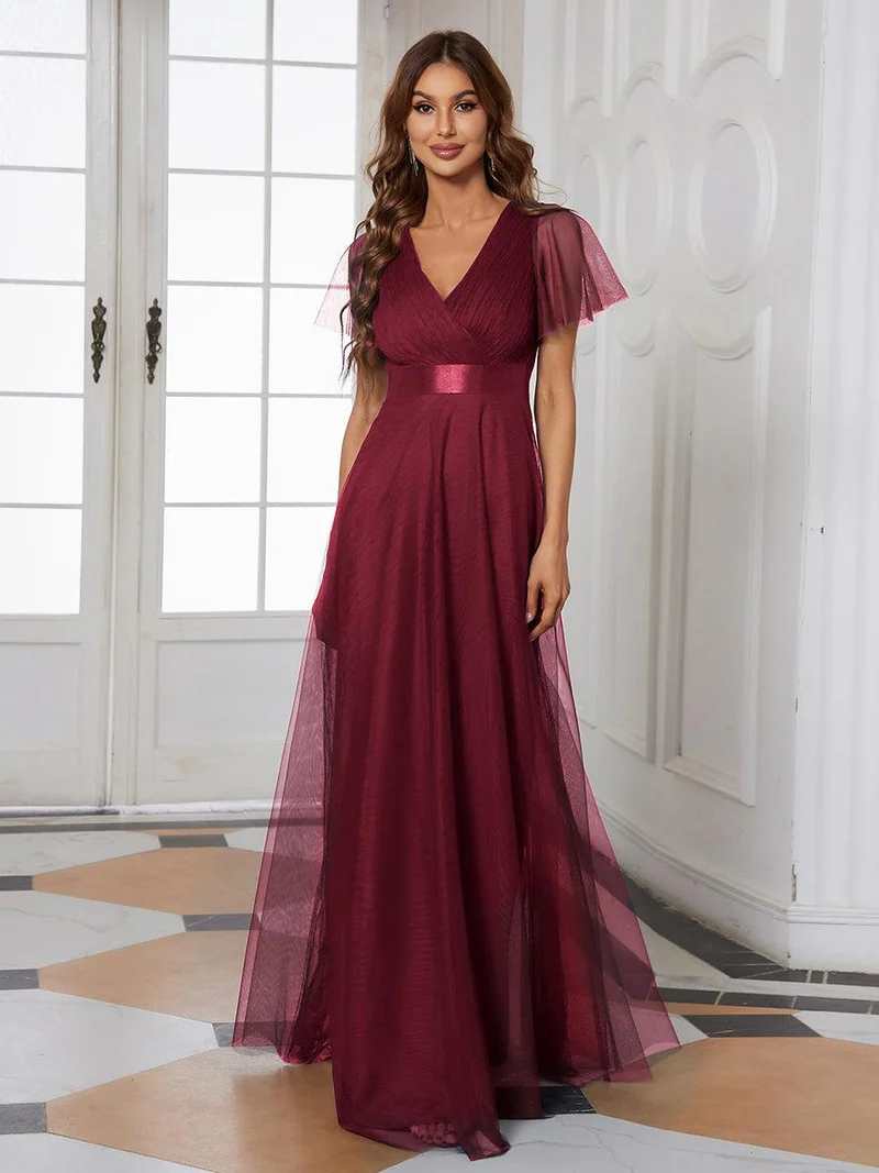 ever MISTE|Robe de soirée à manches courtes et à double col V pour femmes
