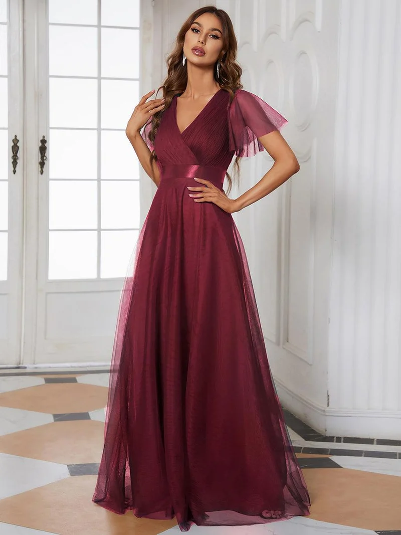 ever MISTE|Robe de soirée à manches courtes et à double col V pour femmes