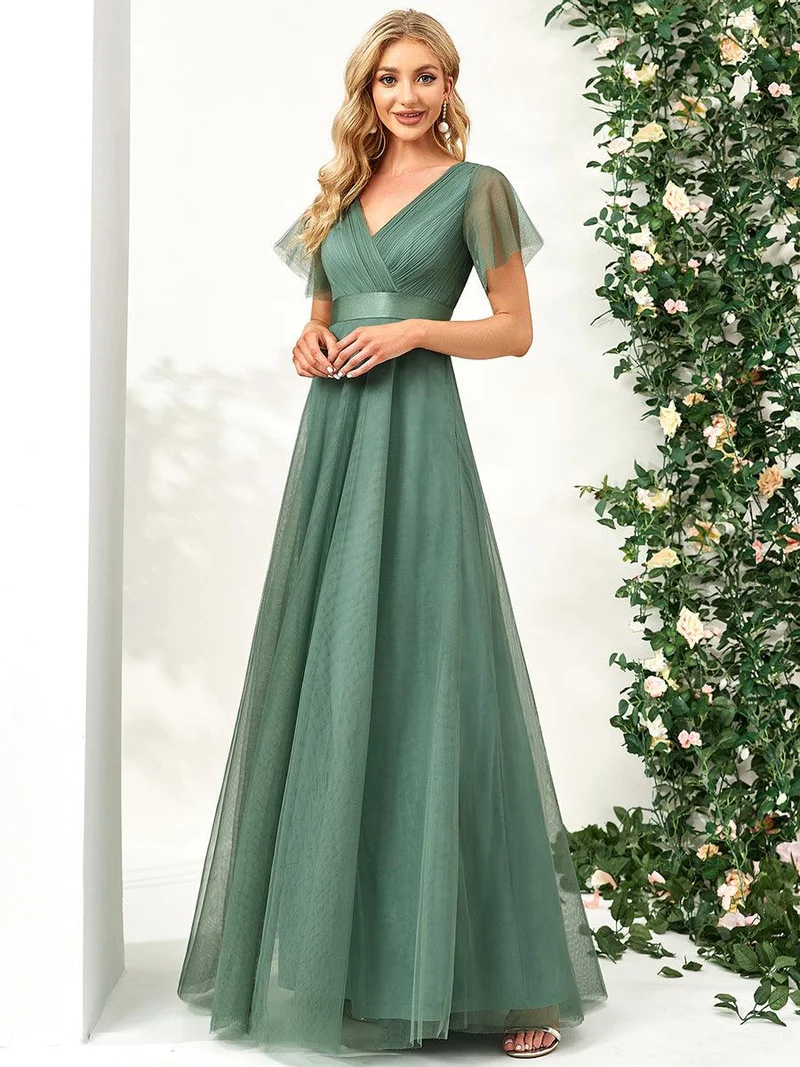 ever MISTE|Robe de soirée à manches courtes et à double col V pour femmes