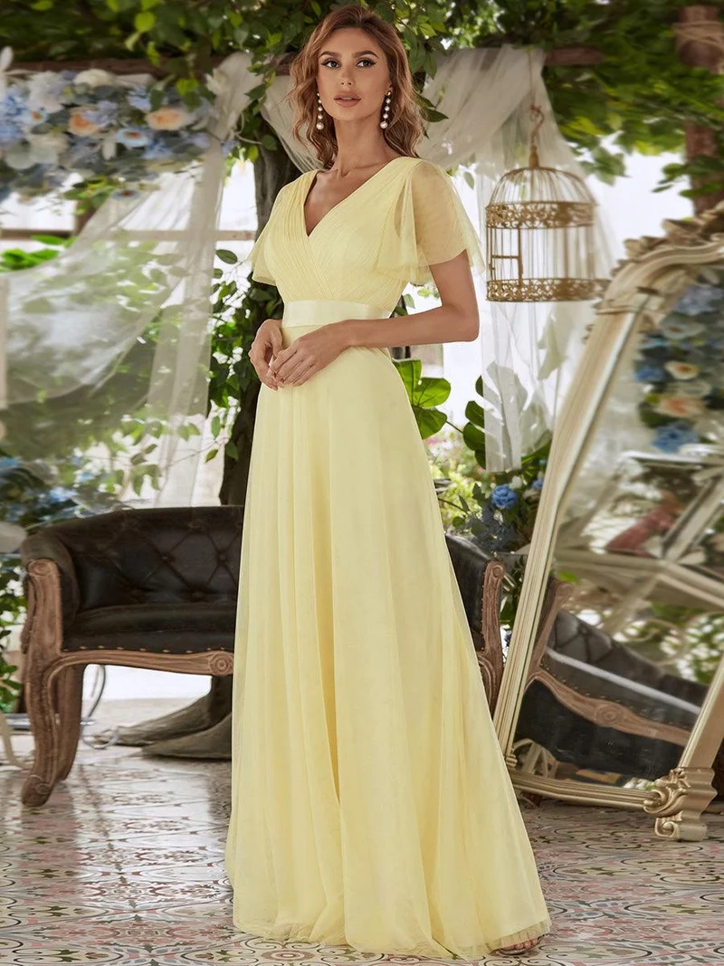 ever MISTE|Robe de soirée à manches courtes et à double col V pour femmes