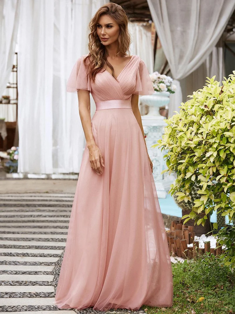 ever MISTE|Robe de soirée à manches courtes et à double col V pour femmes