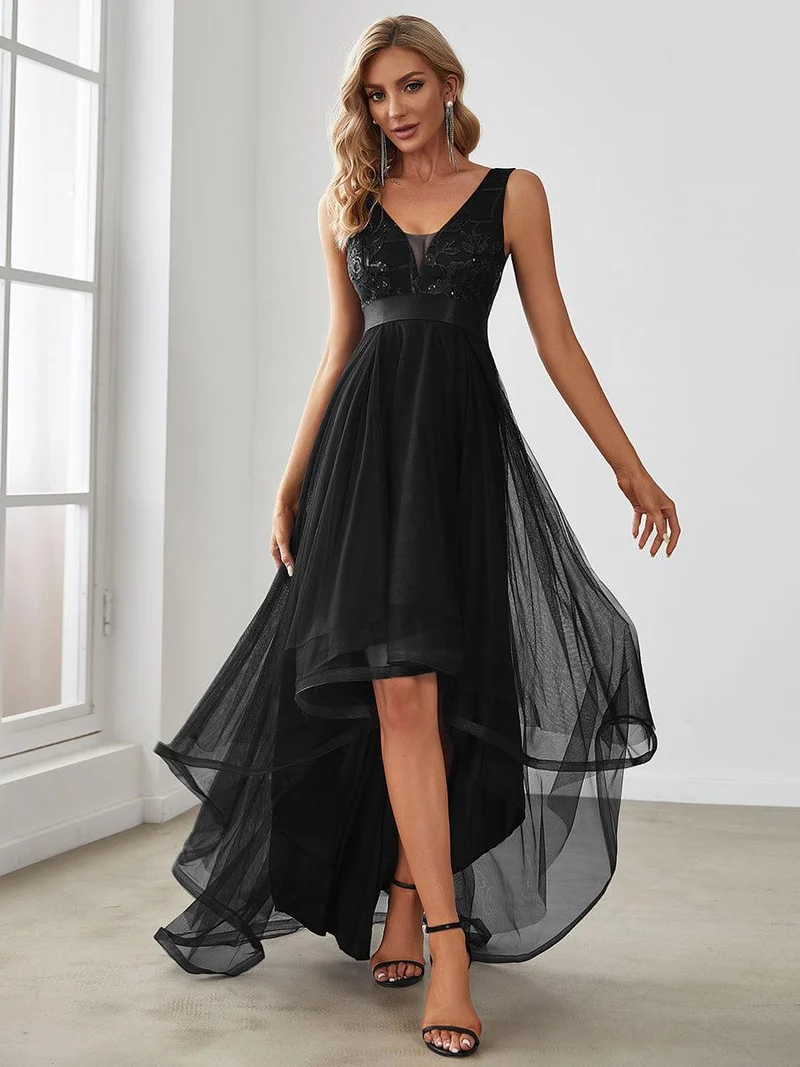 ever SASHIA|Robe de Cocktail en Tulle à Paillettes Haut Bas Ourlet Asymétrique(Vente finale)