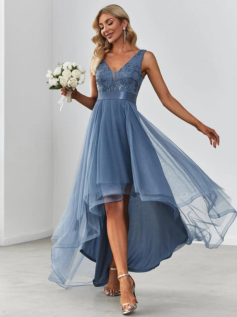 ever SASHIA|Robe de Cocktail en Tulle à Paillettes Haut Bas Ourlet Asymétrique(Vente finale)