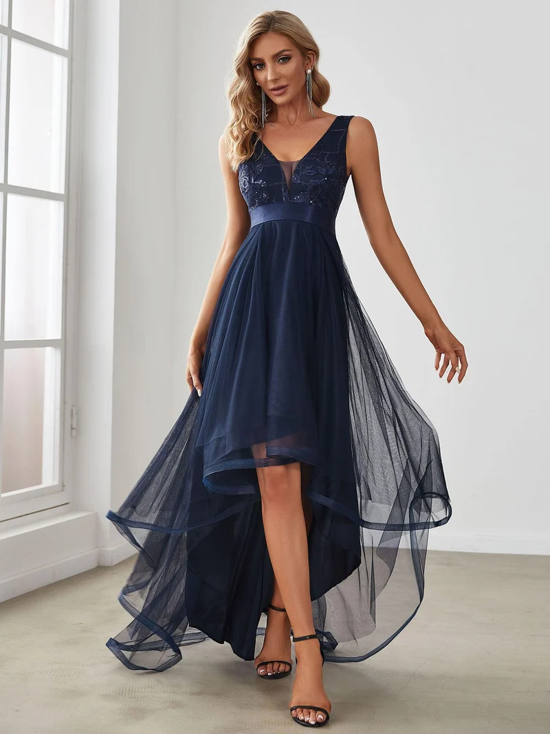 ever SASHIA|Robe de Cocktail en Tulle à Paillettes Haut Bas Ourlet Asymétrique(Vente finale)