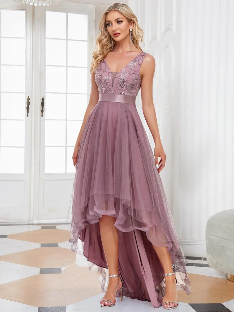 ever SASHIA|Robe de Cocktail en Tulle à Paillettes Haut Bas Ourlet Asymétrique(Vente finale)