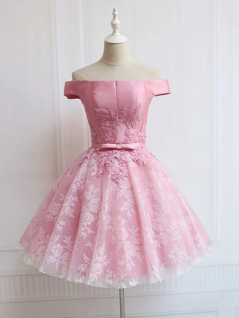 Robe de bal élégante en dentelle rose à épaules dénudées, robe de soirée courte et formelle