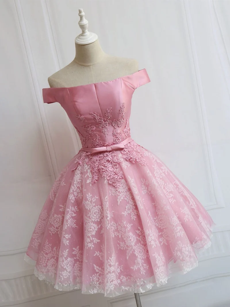 Robe de bal élégante en dentelle rose à épaules dénudées, robe de soirée courte et formelle