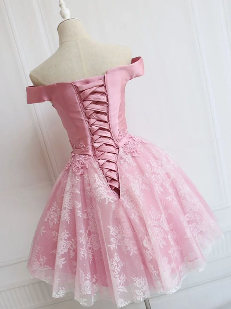 Robe de bal élégante en dentelle rose à épaules dénudées, robe de soirée courte et formelle