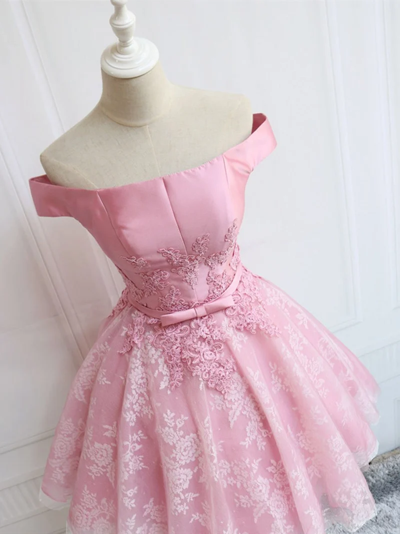 Robe de bal élégante en dentelle rose à épaules dénudées, robe de soirée courte et formelle