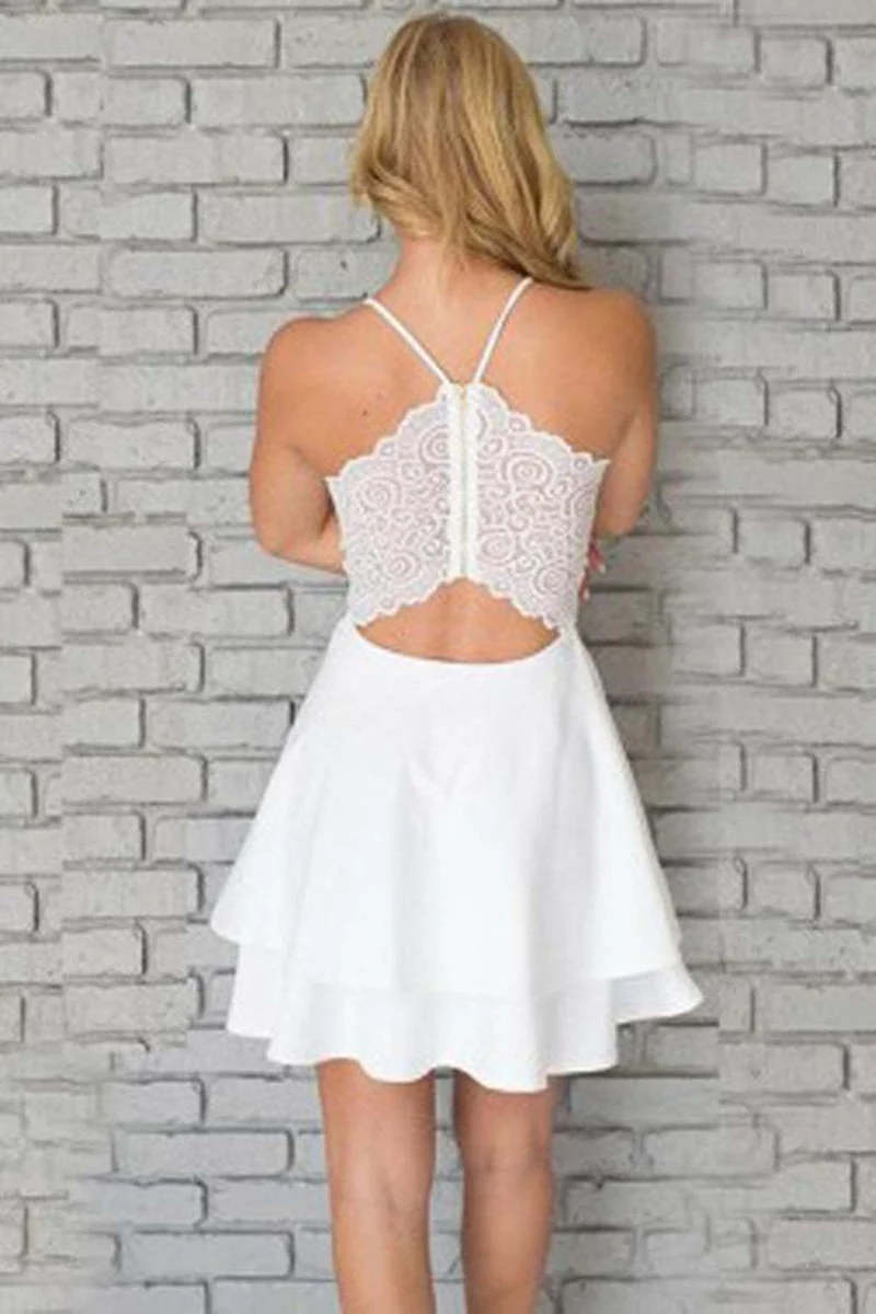 Robe de bal courte blanche élégante à col en V et dos en dentelle pour les événements de retour à la maison