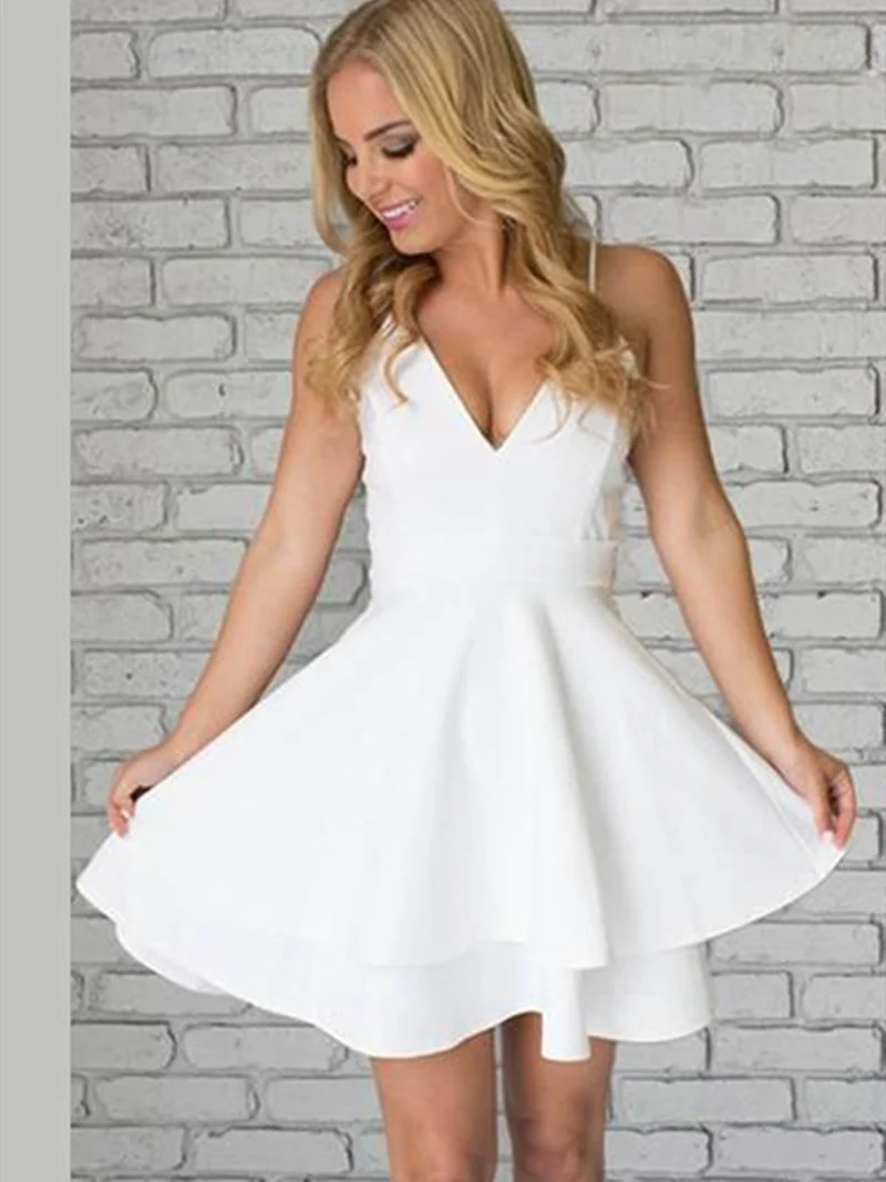 Robe de bal courte blanche élégante à col en V et dos en dentelle pour les événements de retour à la maison