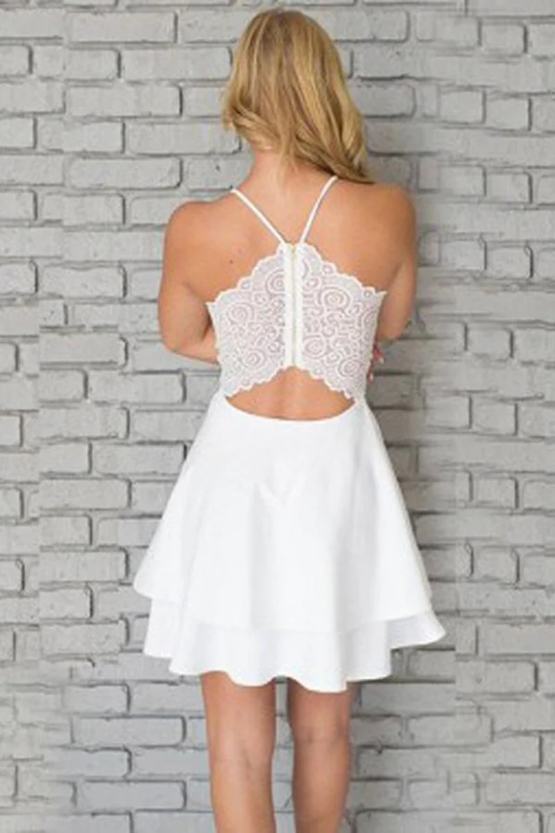 Robe de bal courte blanche élégante à col en V et dos en dentelle pour les événements de retour à la maison