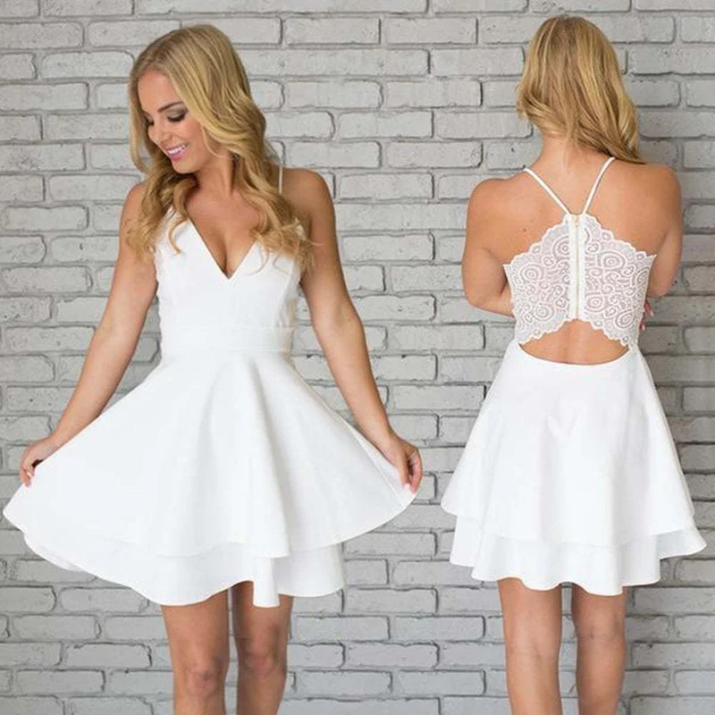 Robe de bal courte blanche élégante à col en V et dos en dentelle pour les événements de retour à la maison