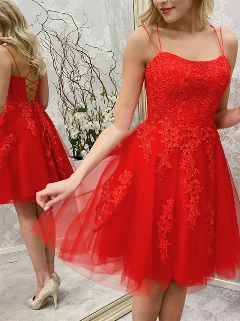 Robe de bal courte en dentelle rouge, élégante robe de soirée en tulle pour adolescentes