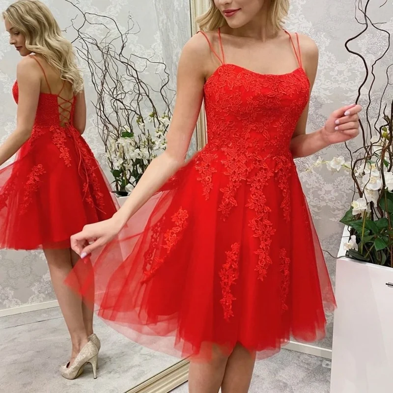 Robe de bal courte en dentelle rouge, élégante robe de soirée en tulle pour adolescentes