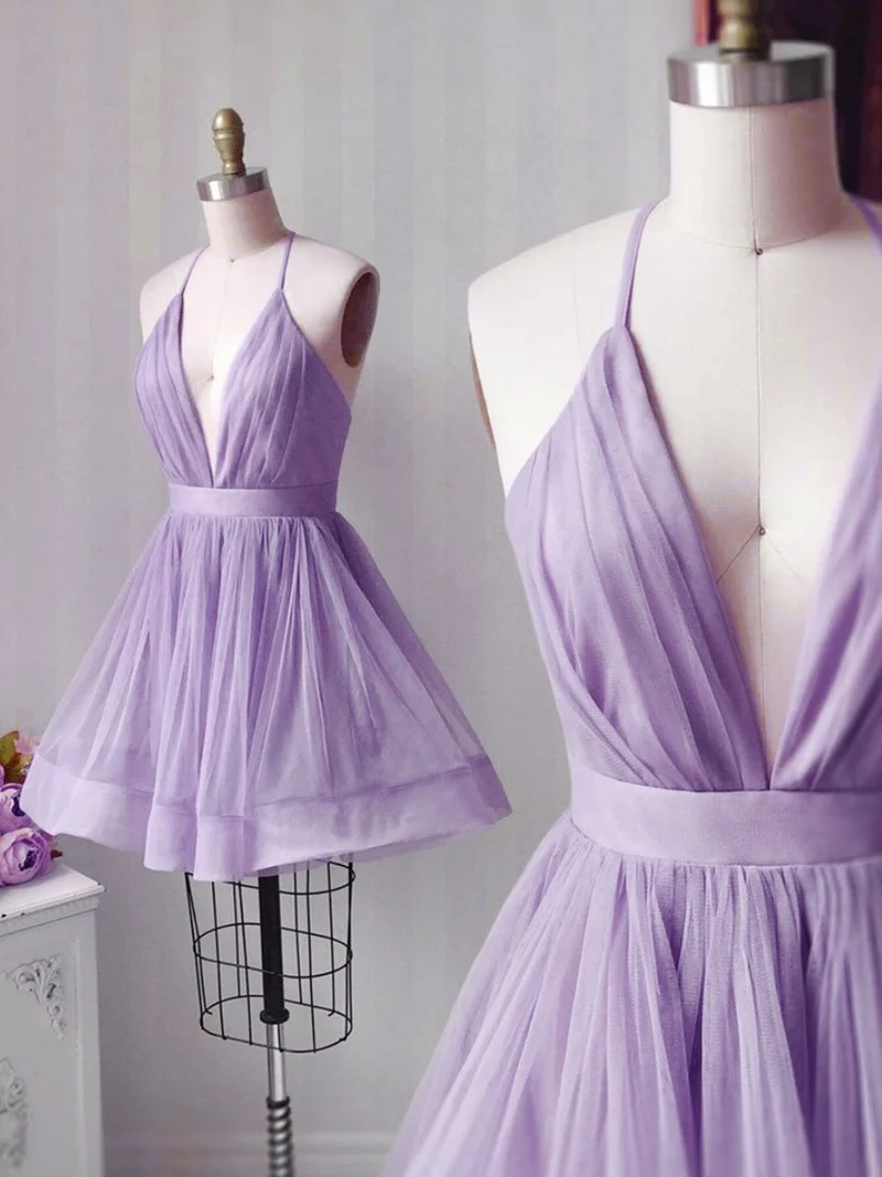 Robe de bal courte rose/violette élégante à col en V, robe de soirée élégante pour les retrouvailles et les remises de diplômes
