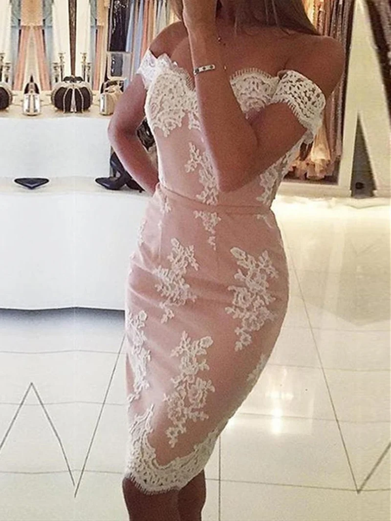 Robe de soirée courte sirène rose en dentelle à épaules dénudées