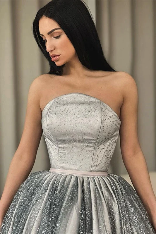 Robe de bal trapèze bustier à paillettes argentées scintillantes : élégante robe de soirée courte