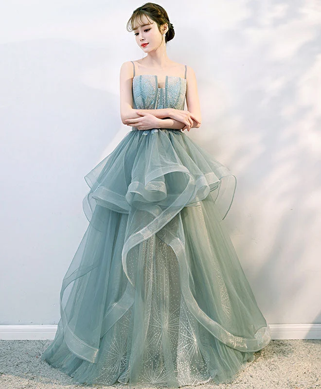 Robe de bal élégante en tulle vert avec soutien-gorge intégré, coupe trapèze