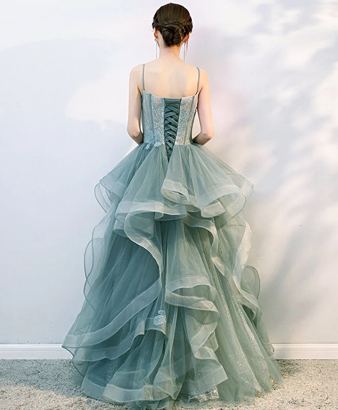 Robe de bal élégante en tulle vert avec soutien-gorge intégré, coupe trapèze