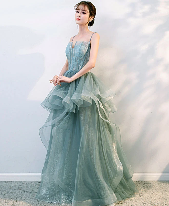 Robe de bal élégante en tulle vert avec soutien-gorge intégré, coupe trapèze