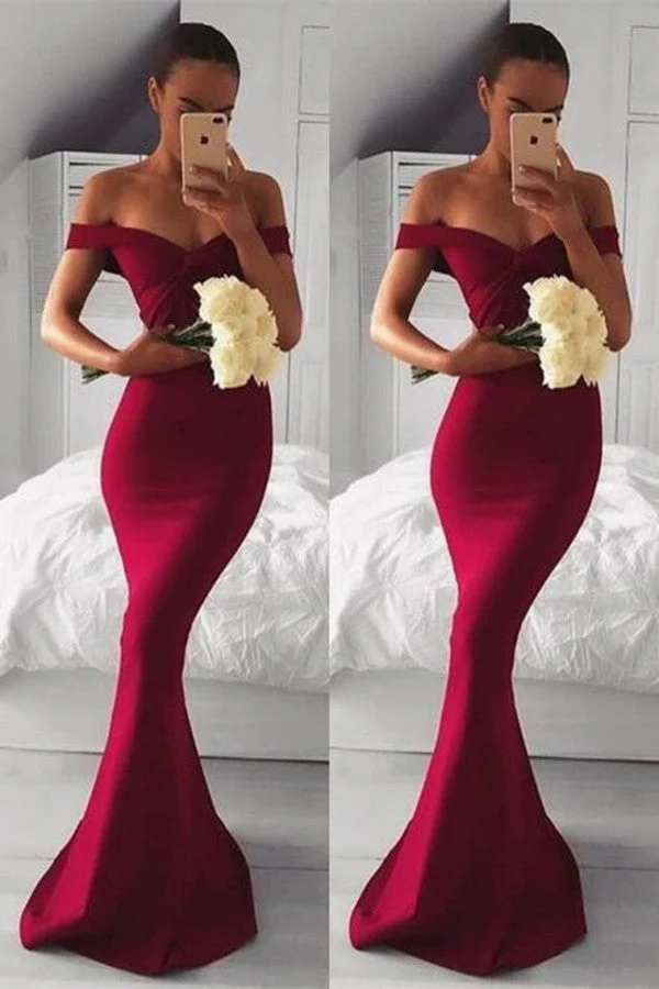 Robe de bal sirène bordeaux élégante à épaules dénudées pour occasions spéciales