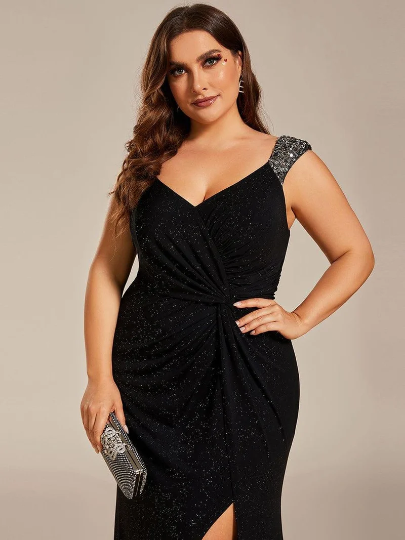 pretty NOIRE|Robe de soirée élégante à col en V à sequins de grande taille